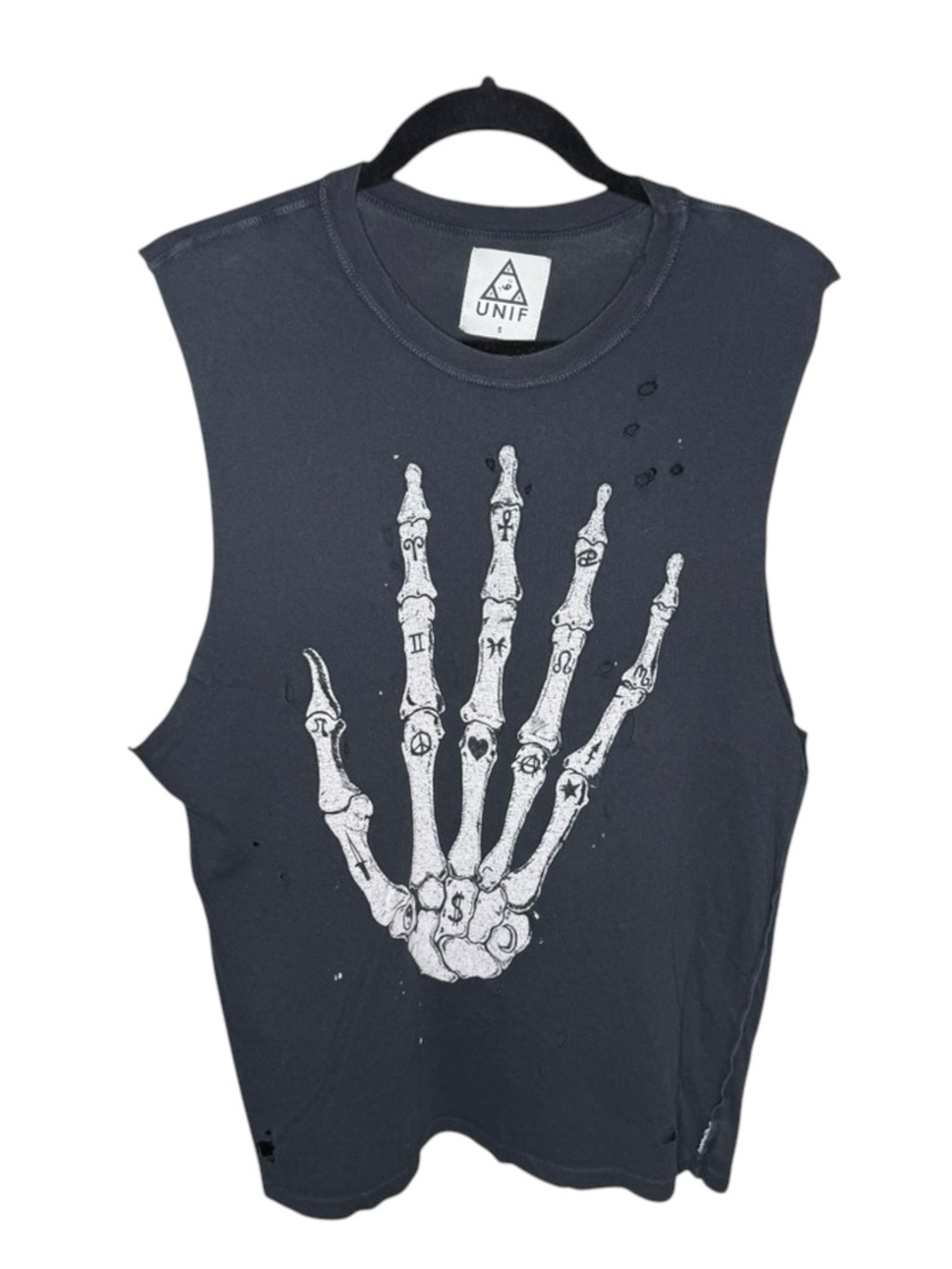 Rare: UNIF 𖤐 Y2K Skeleton Skull Hand Muscle Tee Tank 𖤐 Vintage Black 𖤐 Small 𖤐 - Picture 3 of 16